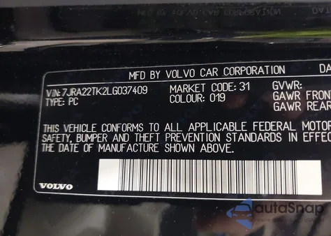 2020 Volvo S60 T6 Momentum z USA, uszkodzony, nr VIN 7JRA22TK2LG037409